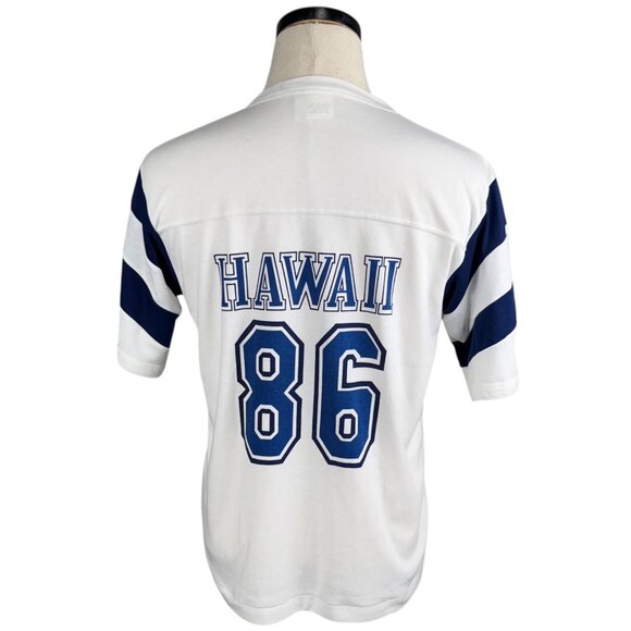 Vintage Liki Liki Hawaii 86 T-Shirt Medium White & Navy Striped Sleeves 90's - Picture 1 of 7